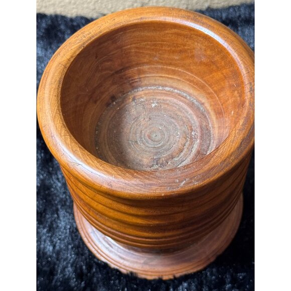 Vintage Handcrafted Turned Wooden Pedestal Bowl With Ribbed Design - Picture 4 of 7